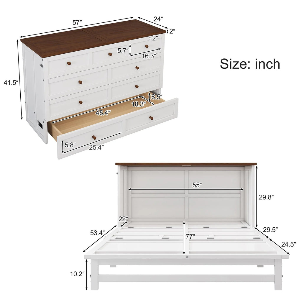 Bellemave Murphy Bed Queen with Storage Drawer, Solid Wood, Charging Station P8432