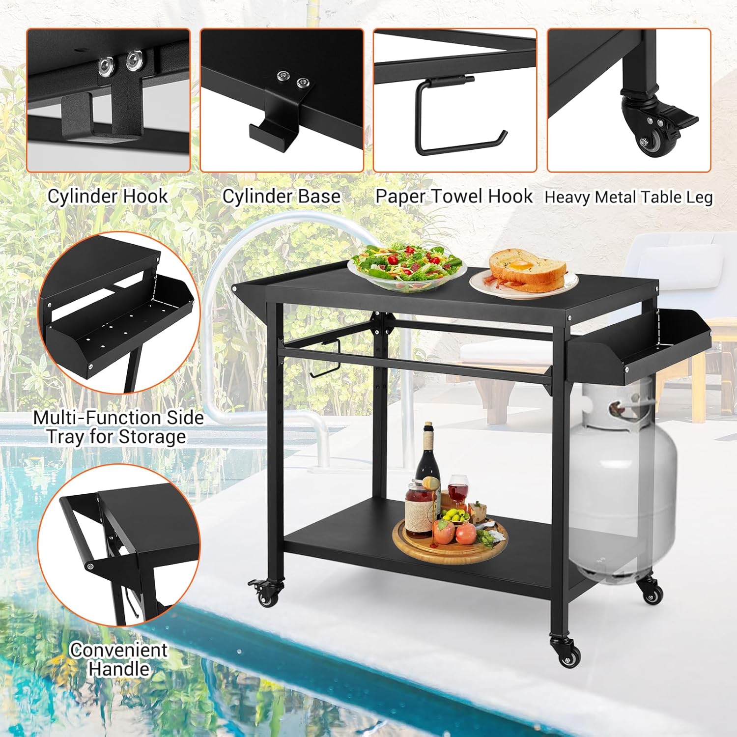 Outdoor Grill Cart with Lockable Wheels, Heavy Duty BBQ Prep Table, Black P68832