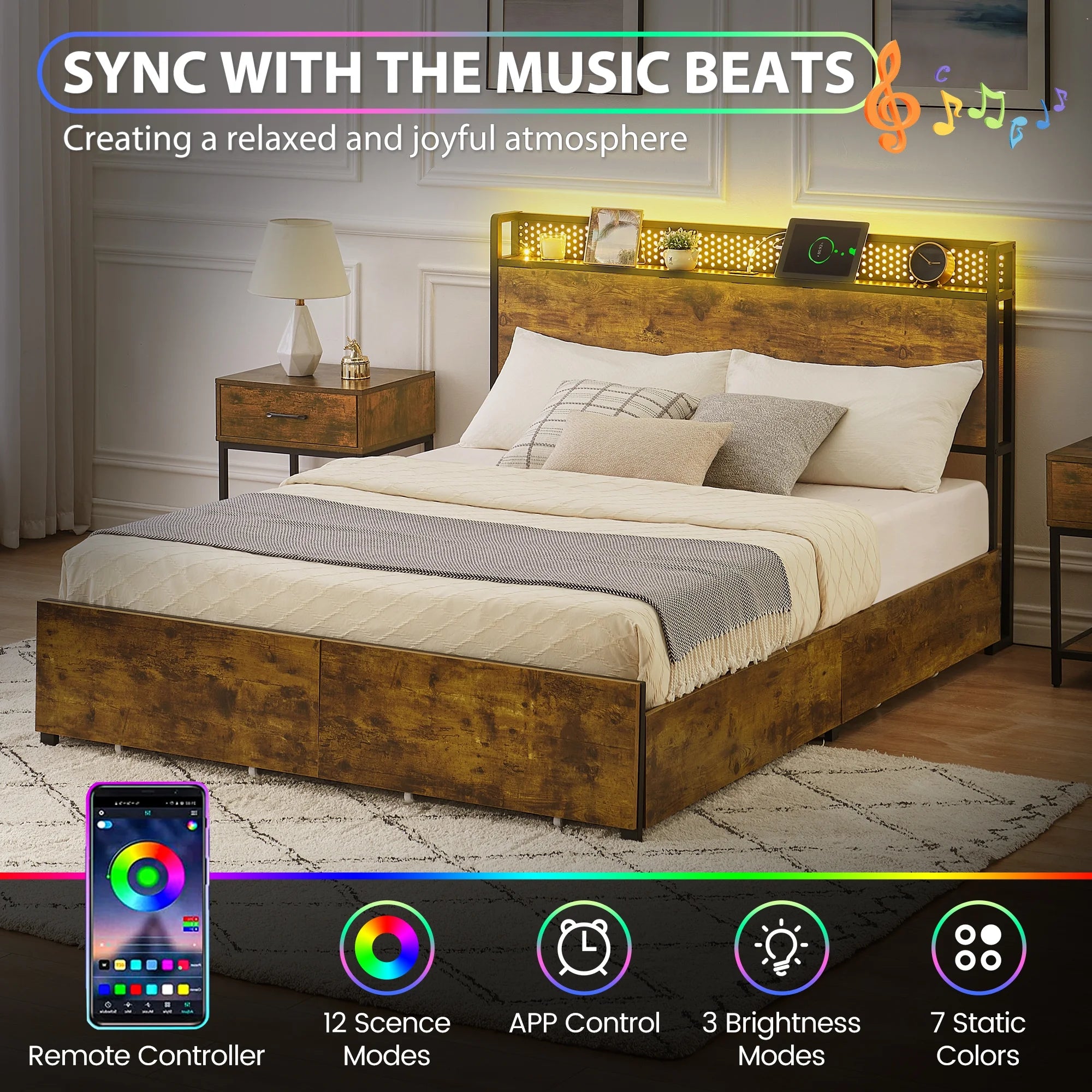 IDEALHOUSE Queen Bed Frame with Storage Headboard and 6 Drawers, LED, USB Ports, Retro O803