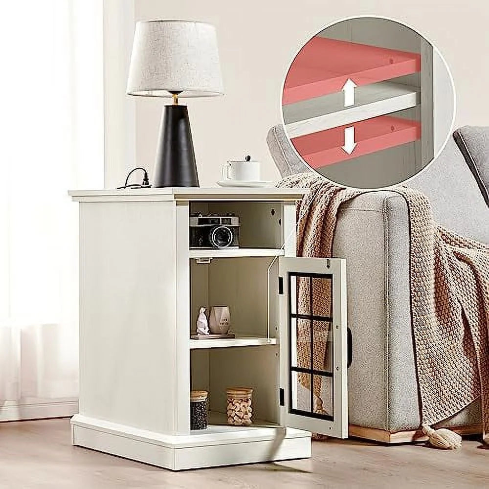 Set of 2 End Table with Charging Station and USB Ports, Glass Door, Distressed White L46911