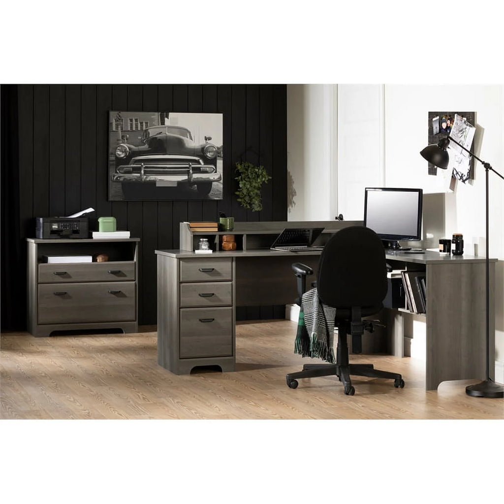 South Shore Versa Desk with Hutch and File Cabinet, Gray Maple Y3468