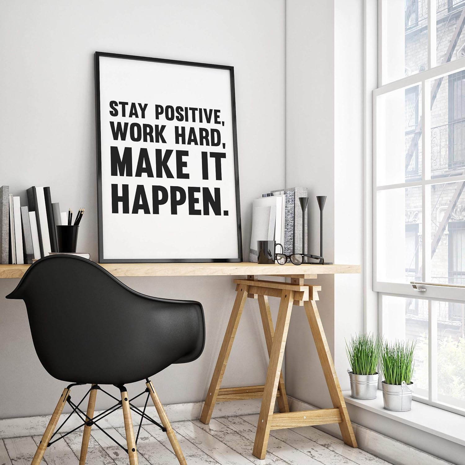 Stay Positive Work Hard Make It Happen Poster Print, Inspirational Print, Motivational Quotes, Office Art, Cubicle Picture, Home Wall Decor Unframed