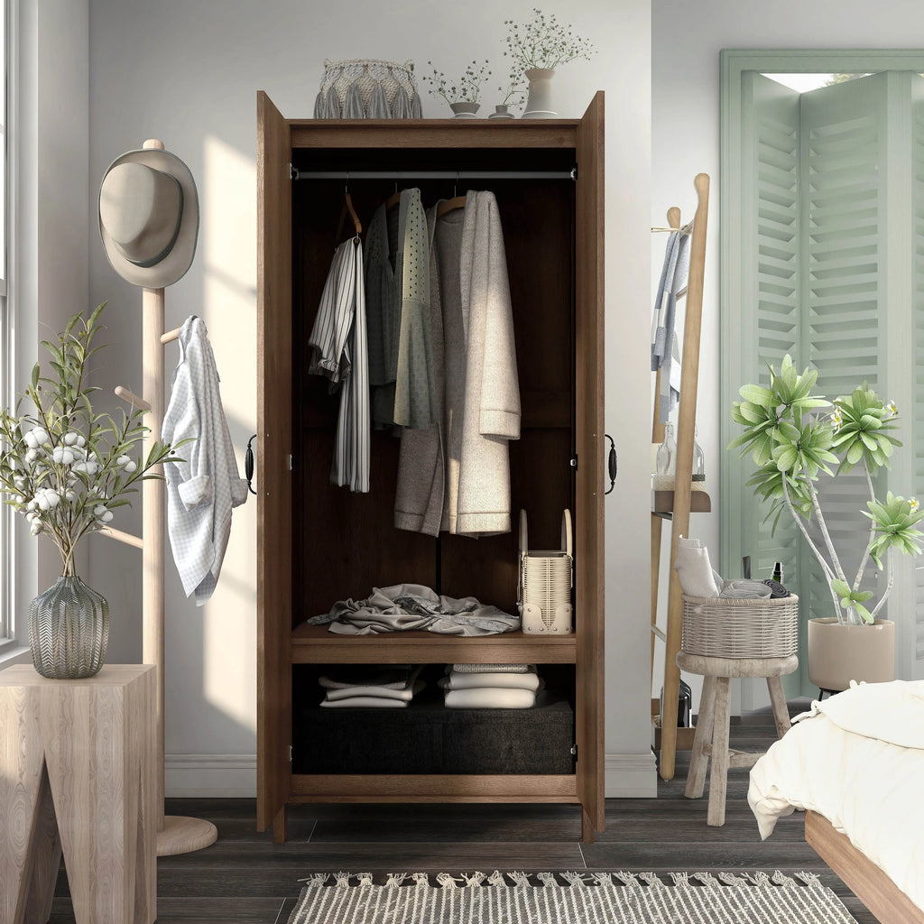 Denhour DH BASIC Rustic Distressed Walnut Double-door Wardrobe Closet with Shelves J4446