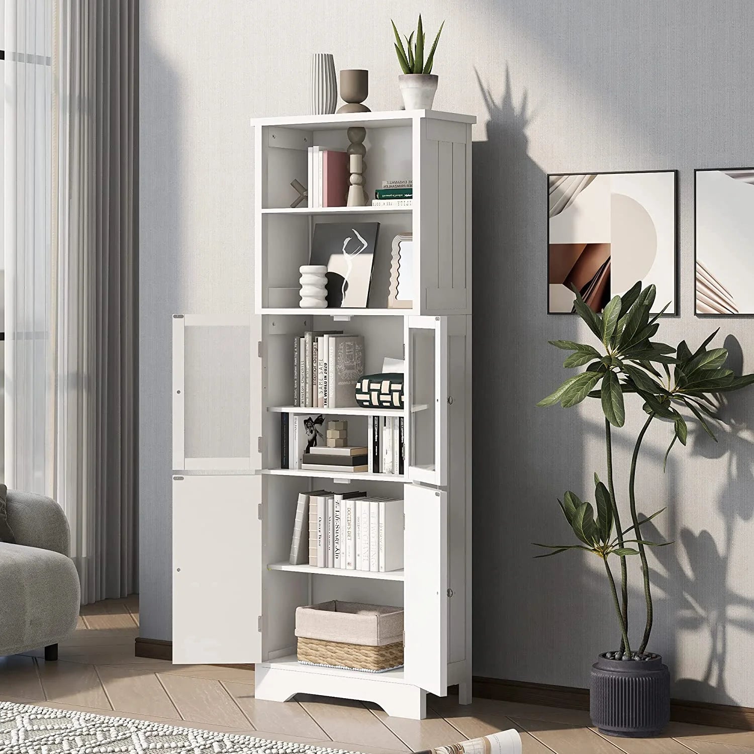WANHUI White Storage Cabinet with Glass Doors and Adjustable Shelves D5774