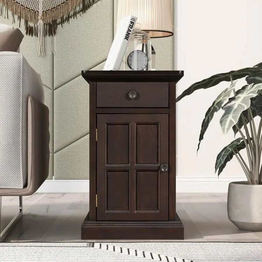 Churanty Vintage End Table with USB Ports, Drawer and Cup Holders T166892