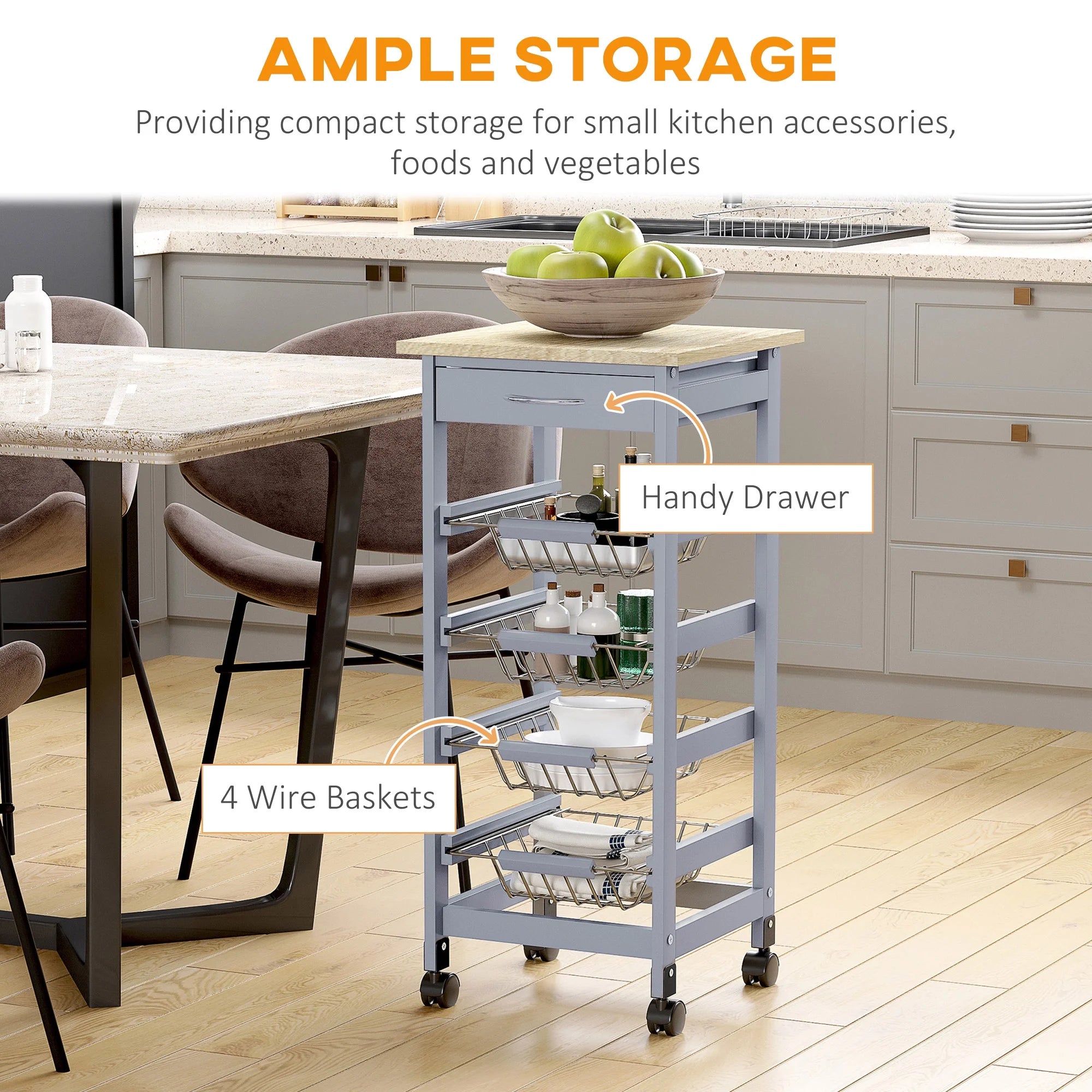 HOMCOM Compact Kitchen Cart with Storage, Solid Wood Frame, Gray G5475