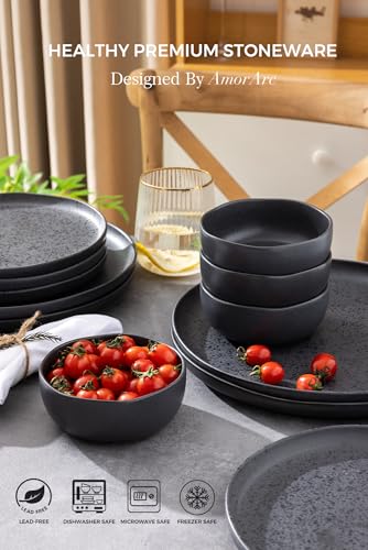 AmorArc Stoneware Cereal Bowls Set of 6, 28oz Matte Black L865