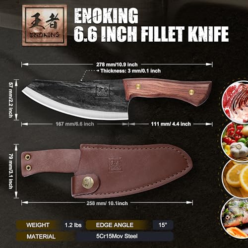 ENOKING Nakiri Knife 6.6 Inch High Carbon Steel with Leather Sheath S5905