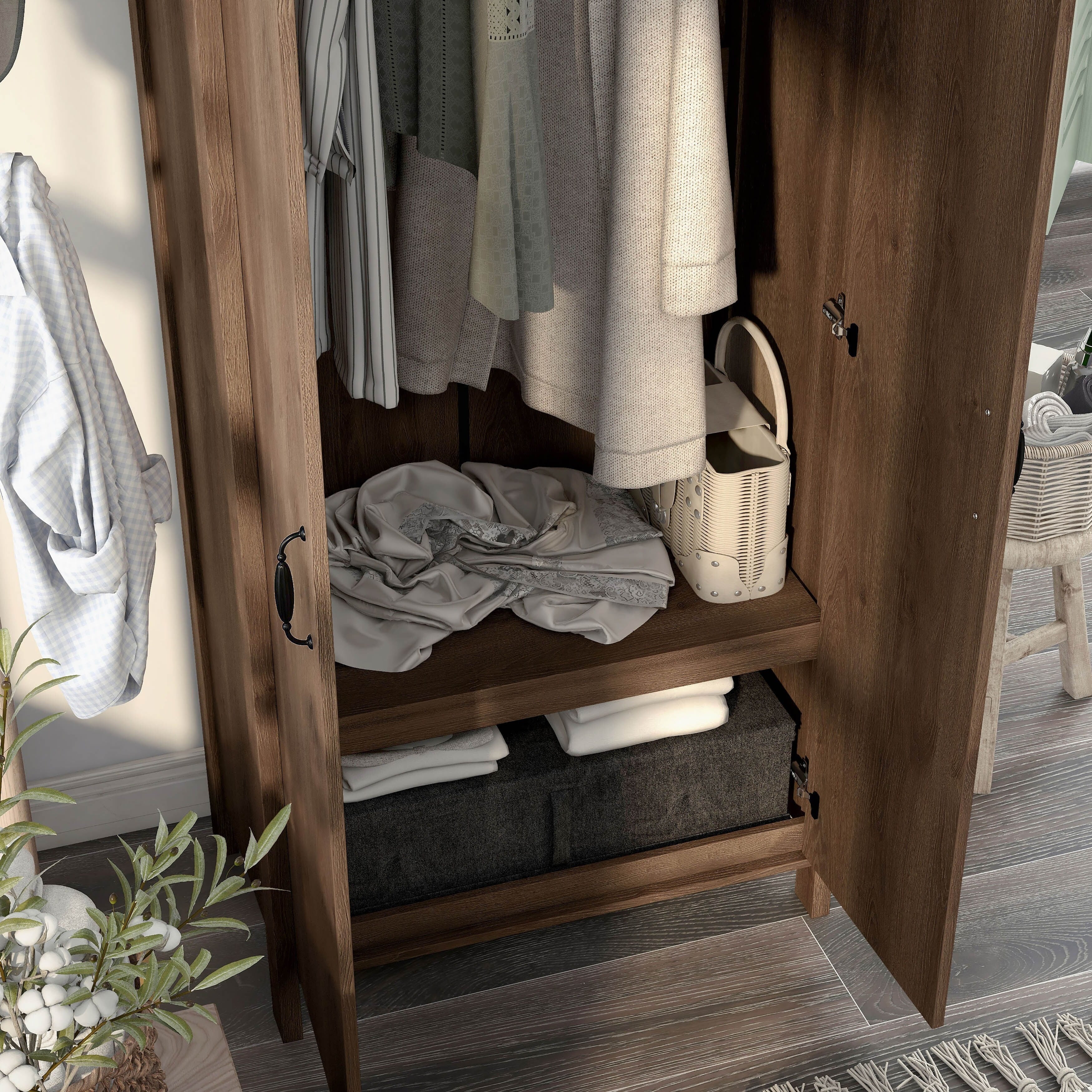 Denhour DH BASIC Rustic Distressed Walnut Double-door Wardrobe Closet with Shelves J4446