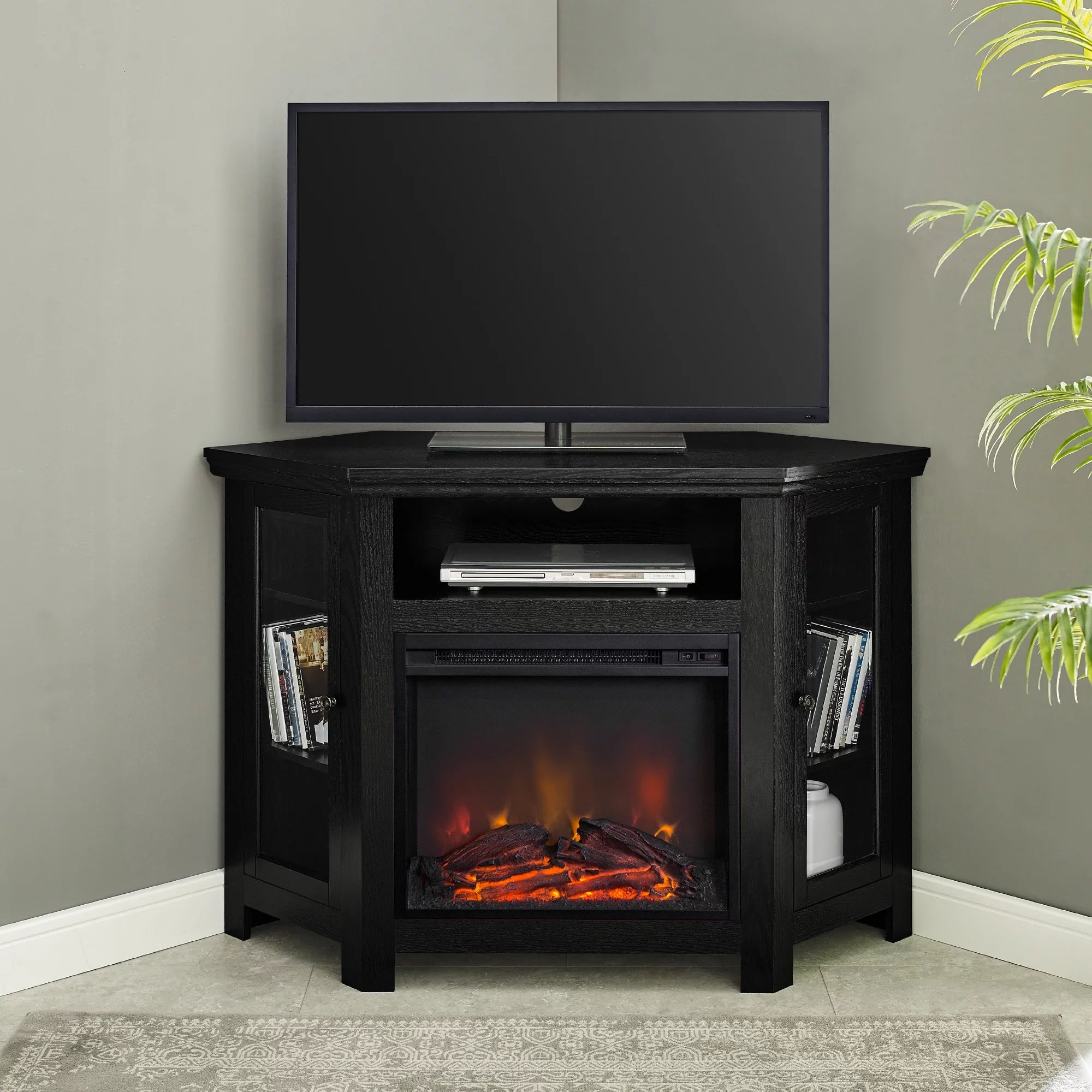 Walker Edison Black Corner Fireplace TV Stand for TVs Up to 50" O442083