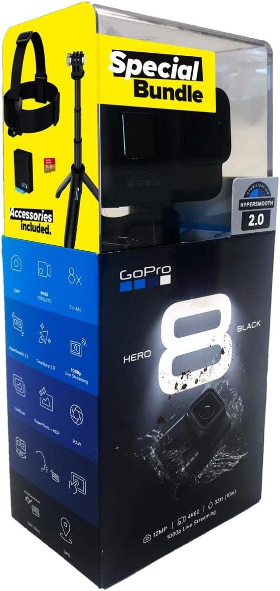 GoPro HERO8 Black Retail Bundle with Shorty, Head Strap, 32GB SD Card, 2 Batteries Q666