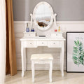 White Lighted Makeup Vanity Set - Makeup Desk with 360° Rotating Oval Mirror and Cushioned Stool - Make-up Vanity Station with Removable Top - Dressing Table with 10 Light Bulbs and 5 Sliding Drawers