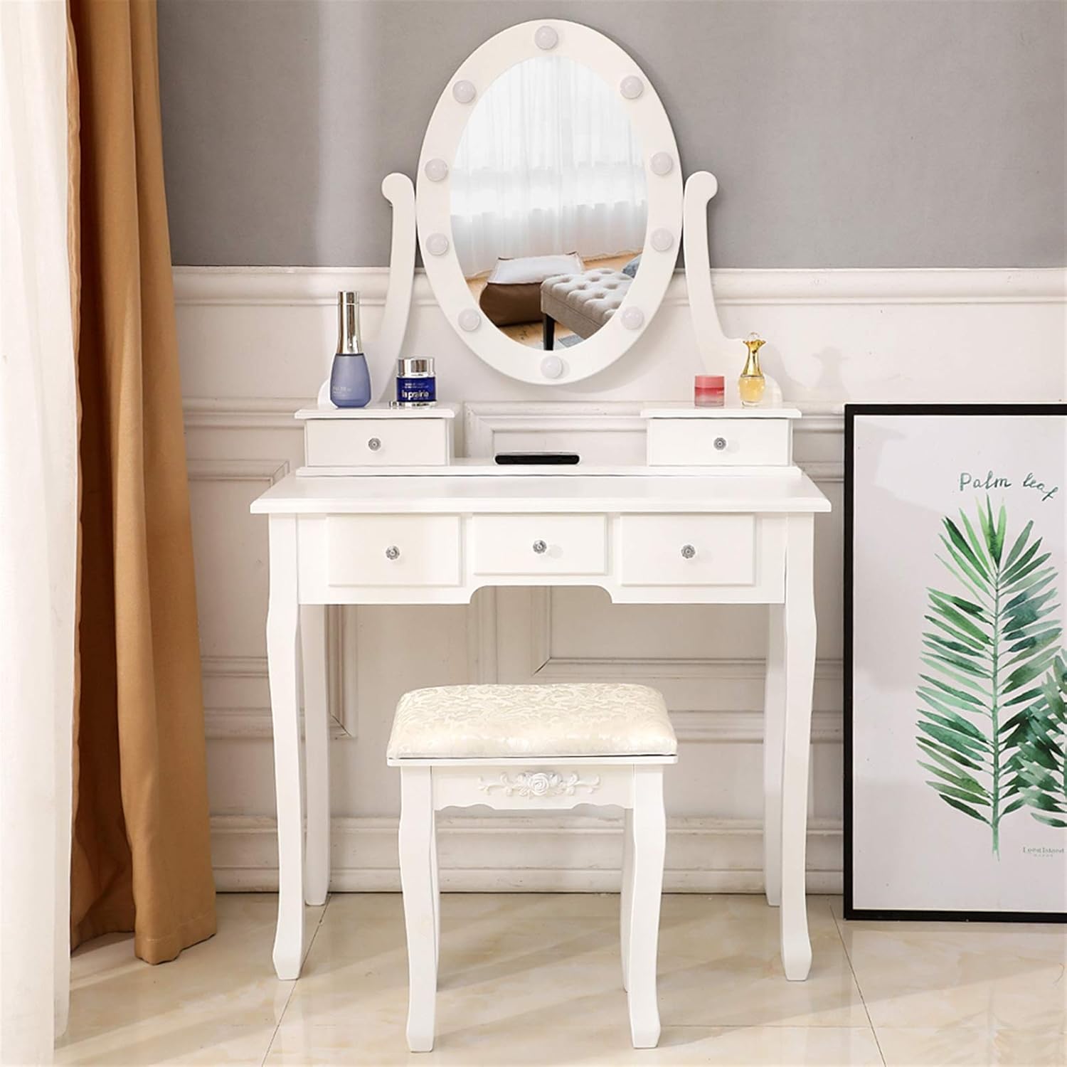 White Lighted Makeup Vanity Set - Makeup Desk with 360° Rotating Oval Mirror and Cushioned Stool - Make-up Vanity Station with Removable Top - Dressing Table with 10 Light Bulbs and 5 Sliding Drawers