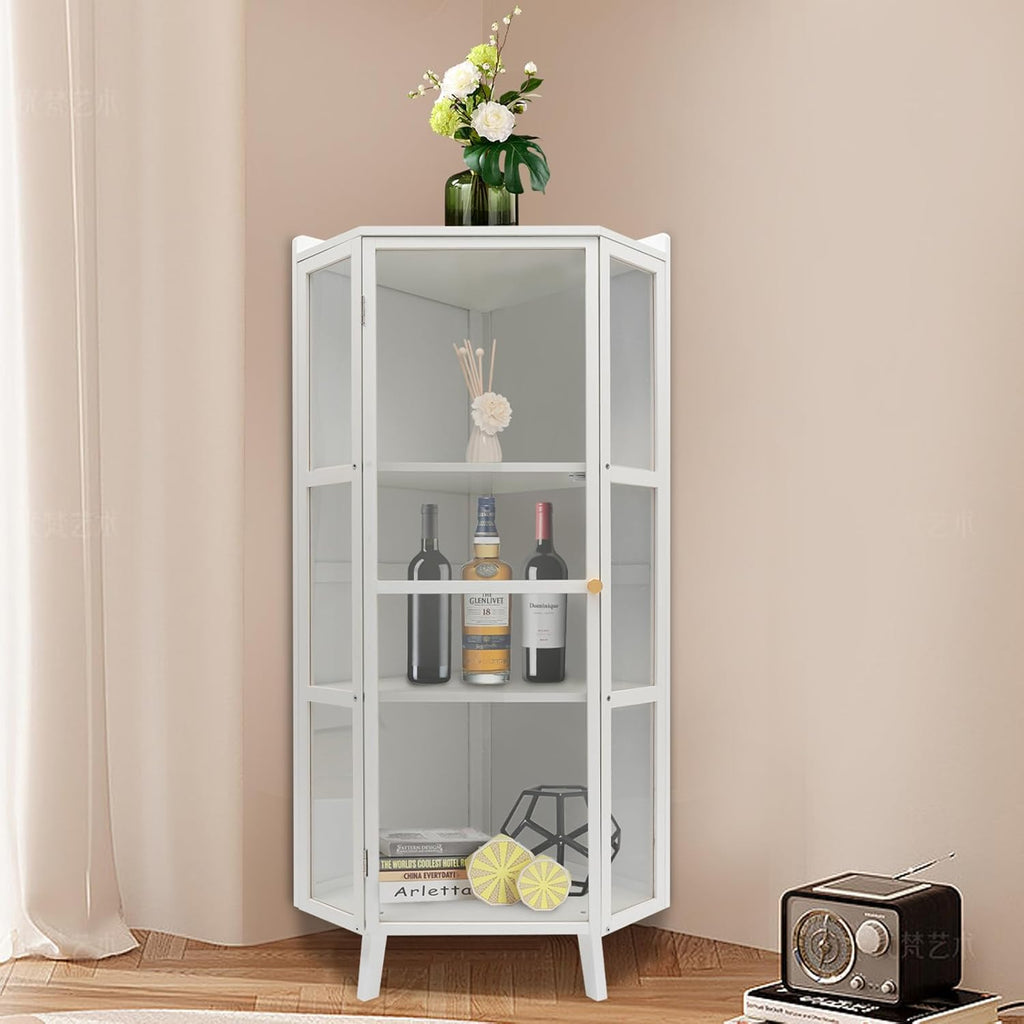 Tall Corner Storage Cabinet with Clear Door, 3-Tier Freestanding Shelves, White I118