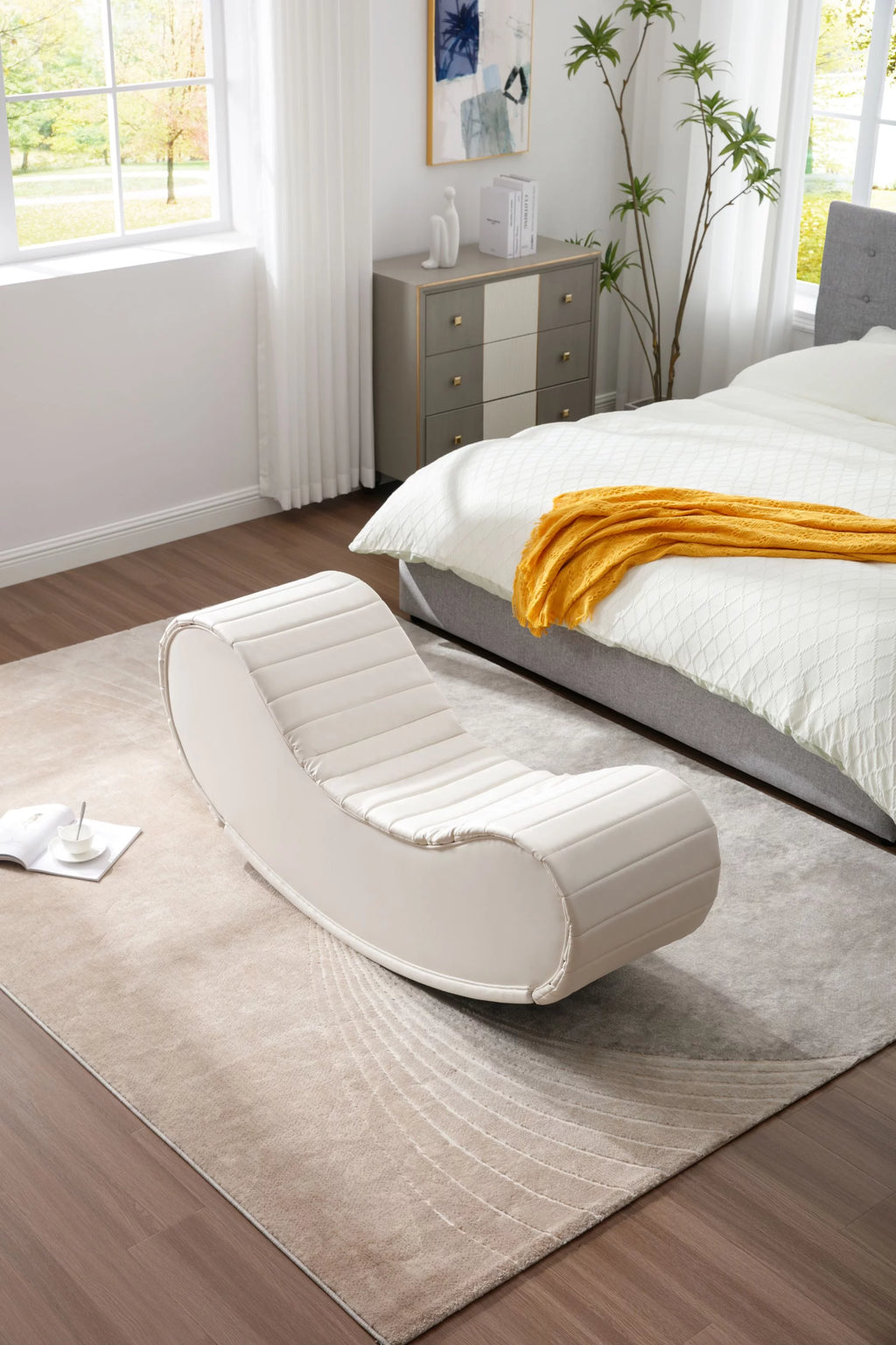 CoSoTower Rocking Leisure Bench,Relax Yoga Chaise, Modern Faux Leather Curved Sofa, Upholstered Yoga Chaise for Living Room Bed Room,Decompression Chair,White & Black