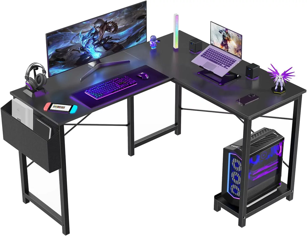 JIAH L Shaped Computer Desk - Gaming Table Corner Desk 50 Inch PC Writing Black Desk Study Desks with Wooden Desktop CPU Stand Side Bag Reversible for Home Office Dorm Small Space