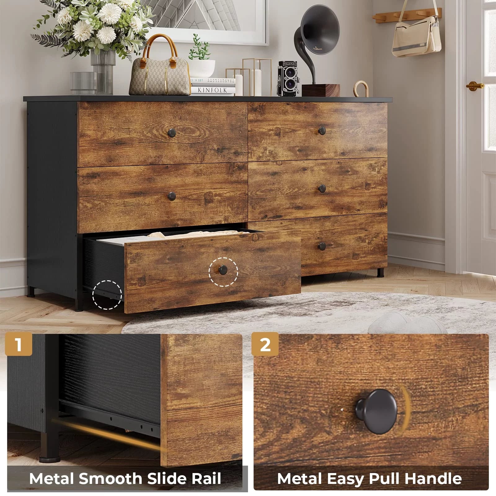 6 Drawer Double Dresser with Steel Frame, Wooden Storage Cabinet for Bedroom V120