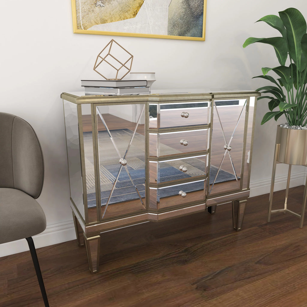 DecMode Silver Wood Mirrored Panel Buffet with 4 Drawers and 2 Doors L67333